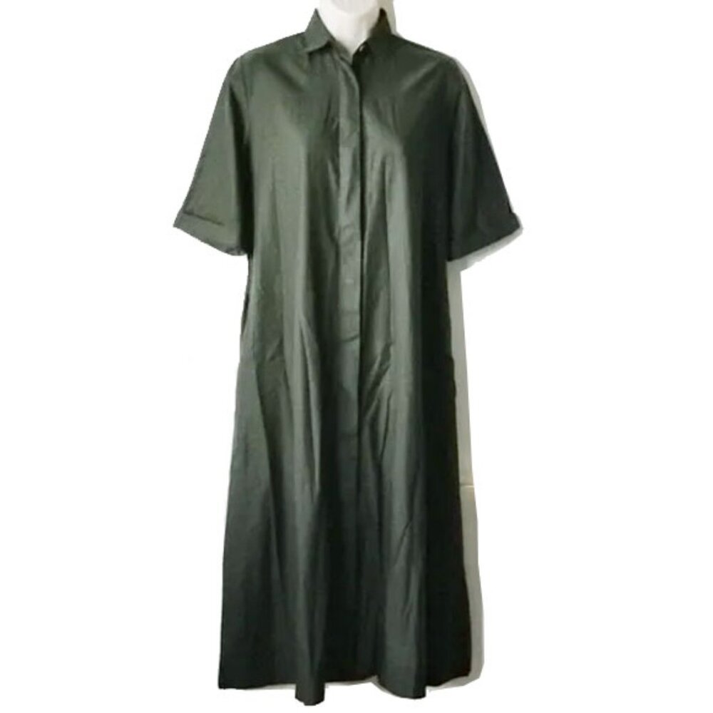 MC Cotton Button Down A-line Midi Dress Size 1 XS/S Army Green Pockets